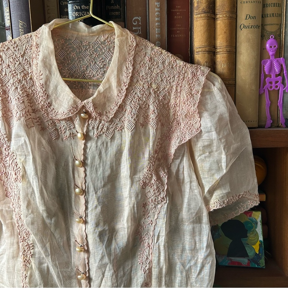 Vintage 60s sheer blouse orange pink Peter Pan collar - Picture 7 of 17